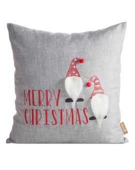 Poszewka na poduszkę świąteczna 45x45 cm srebrno, czerwona zdobiona aplikacja małych skrzatów