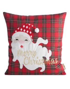 Poszewka na poduszkę świąteczna 45x45 cm czerwono, biała w kratę zdobiona haftem zabawnego Mikołaja