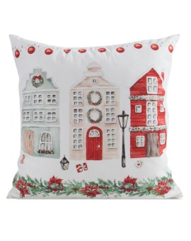 Poszewka na poduszkę welwetowa 45x45 cm zdobiona uroczym nadrukiem domków świątecznych