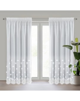 Firana biała z siateczki zdobiona trójwymiarowymi różami 140x270 cm taśma - DIANA