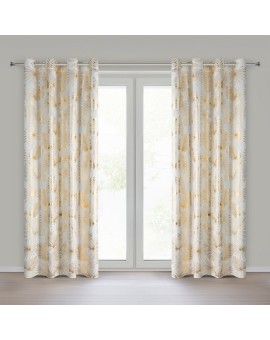 Zasłona kremowo, złota zdobiona błyszczącym motywem egzotycznych liści 140x250 cm złote przelotki - ZARIA