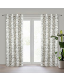 Zasłona o naturalnym splocie z dodatkiem lnu kolor naturalny z botanicznym wzorem zdobiona złotymi akcentami 140x250 przelotki -