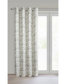 Zasłona o naturalnym splocie z dodatkiem lnu kolor naturalny z botanicznym wzorem zdobiona złotymi akcentami 140x250 przelotki -