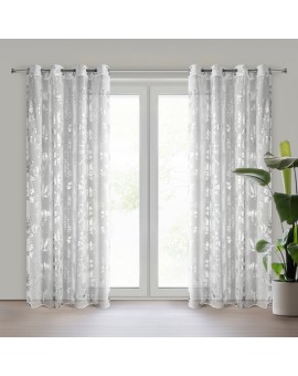 Firana biało, srebrna z etaminy z motywem roślinnym 140x250 cm przelotki - DELIA