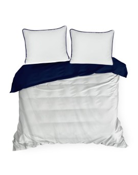 Pościel 220x200 cm z makosatyny bawełnianej kolor biały, ciemnogranatowy dwustronna z sznurem dekoracyjnym na brzegach Eurofiran