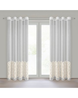 Firana beżowa z tkaniny typu peru zdobiona aplikacją 140x250 cm przelotka - LIZA