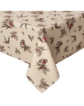 Obrus świąteczny 145x300 cm beżowo, brązowy bawełniany zdobiony zimowym motywem MELODY Eurofirany | Time- 2