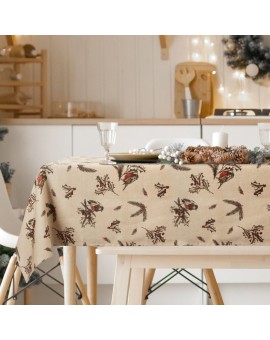 Obrus świąteczny 140x220 cm beżowo, brązowy bawełniany zdobiony zimowym motywem MELODY
