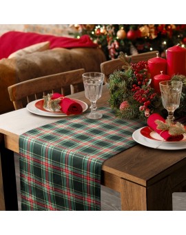 Bieżnik świąteczny na stół 40x140 cm czerwono, zielony bawełniany zdobiony szkocką kratą AURORA Eurofirany | Time- 2