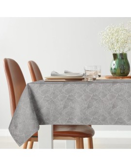 Obrus srebrno, biały 140x300 cm ISLA z żakardowym wzorem liści bananowca