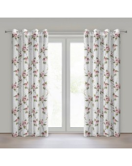 Zasłona biało, różowa z etaminy zdobiona nadrukiem pnących kwiatów 135x250 cm przelotki - RUTH