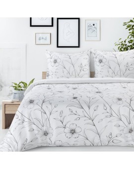Pościel 220x200 cm satyna bawełniana kolor biało, czarny z eleganckim wzorem roślinnym SPRING 64