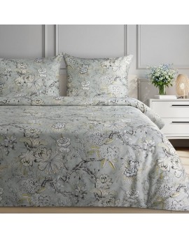 Pościel 140x200 cm satyna bawełniana kolor jasnostalowy, beżowy z eleganckim wzorem roślinnym SPRING 64