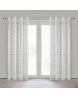 Firana biało, srebrna zdobiona ażurowymi paskami i roślinnym nadrukiem 140x250 cm przelotka - KATY