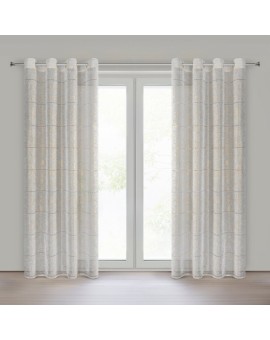 Firana biało, złota zdobiona ażurowymi paskami i roślinnym nadrukiem 140x250 cm przelotka - KATY