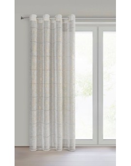 Firana biało, złota zdobiona ażurowymi paskami i roślinnym nadrukiem 140x250 cm przelotka - KATY Eurofirany | Time- 2