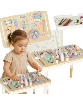 Tablica manipulacyjna LULILO LUDO stolik drewniany sensoryczny 2w1 różowy