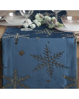Bieżnik świąteczny na stół 40x140 cm granatowo, szampański welwetowy zdobiony śnieżynkami