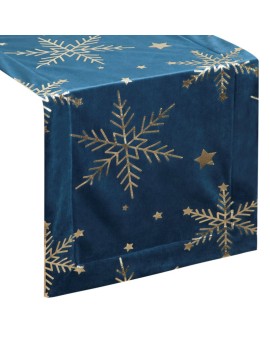 Bieżnik świąteczny na stół 40x140 cm granatowo, szampański welwetowy zdobiony śnieżynkami Eurofirany | Time- 2