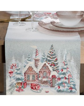 Świąteczny bieżnik popielato, czerwony 45x140 cm gobelinowy zdobiony tkanym wzorem chatki świętego Mikołaja