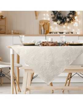 Obrus świąteczny 85x85 cm beżowy o strukturze lnu zdobiony delikatnym nadrukiem