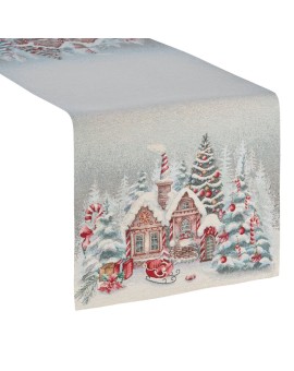 Świąteczny bieżnik popielato, czerwony 40x100 cm gobelinowy zdobiony tkanym wzorem chatki świętego Mikołaja Eurofirany | Time- 2