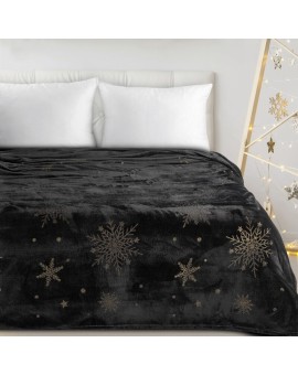 Koc świąteczny 150x200 cm czarno, złoty zdobiony nadrukiem śnieżynek