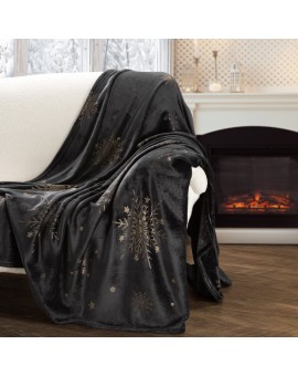Koc świąteczny 150x200 cm czarno, złoty zdobiony nadrukiem śnieżynek Eurofirany | Time- 2