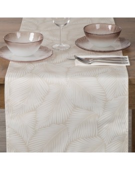 Bieżnik na stół beżowo, biały 40x140 cm wodoodporny GARDEN na taras oraz balkon z motywem palmowych liści