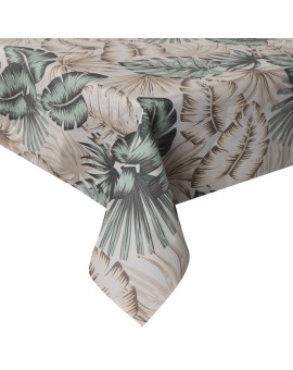 Obrus kremowo, zielony 140x220 cm wodoodporny GARDEN na taras oraz balkon z motywem egzotycznych liści Eurofirany | Time- 2