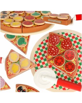 Pizza drewniany zestaw do zabawy na rzep  akcesoria łopatka nóż talerz nauka krojenia 20cm