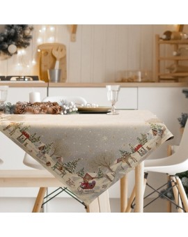 Obrus popielato, złoty 140x180 cm gobelinowy z motywem zimowej wioski