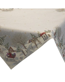 Obrus popielato, złoty 140x180 cm gobelinowy z motywem zimowej wioski Eurofirany | Time- 2