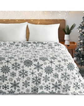 Koc świąteczny 150x200 cm biało, granatowy zdobiony nadrukiem śnieżynek