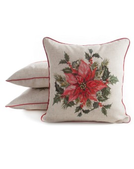 Poszewka na poduszkę świąteczna 45x45 cm  o strukturze lnu beżowo, czerwona zdobiona nadrukiem gwiazdy betlejemskiej Eurofirany 