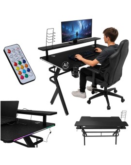 Biurko gamingowe z nadstawką LED RGB uchwyty komputerowe dla gracza 120x60cm