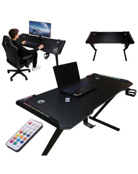 Biurko gamingowe LED podświetlenie RGB uchwyty komputerowe dla gracza 120x60cm