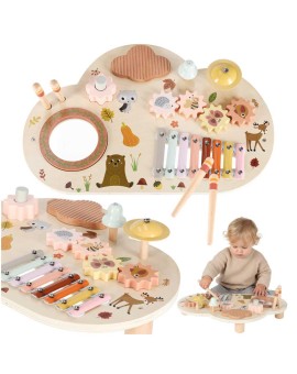 Stolik edukacyjny drewniany tablica muzyczna cymbałki talerze