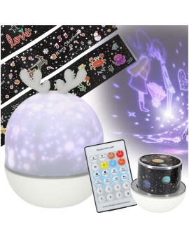 Lampka nocna projektor gwiazd LED USB obrotowy 6 motywów pilot jelonek