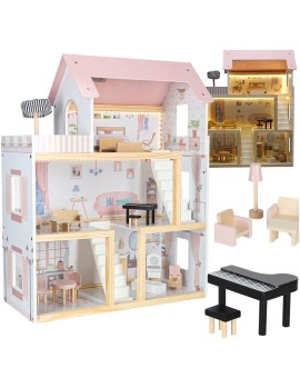 Domek dla lalek drewniany mebelki 78cm róż LED