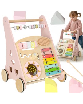 Pchacz dla dziecka chodzik drewniany z liczydłem różowy