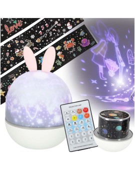 Lampka nocna projektor gwiazd LED USB obrotowy 6 motywów pilot królik