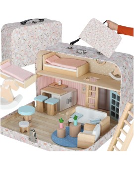 Domek dla lalek w walizce akcesoria drewniane mebelki