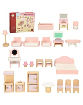 Mebelki do domku dla lalek salon sypialnia łazienka kuchnia drewniane różowe