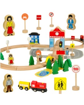 Kolejka drewniana pociąg lokomotywa dworzec 50 elementów
