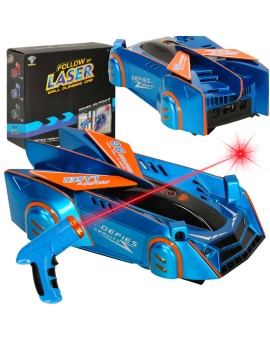 Samochód zdalnie sterowany na pilot laser jeździ po ścianie suficie niebieski