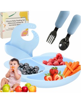 Naczynia silikonowe dla dzieci niemowląt zestaw stołowy 4 elementów miś niebieski