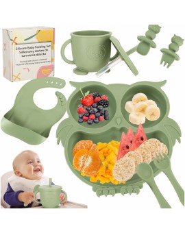 Naczynia silikonowe dla dzieci sowa zestaw 8 elementów zielone