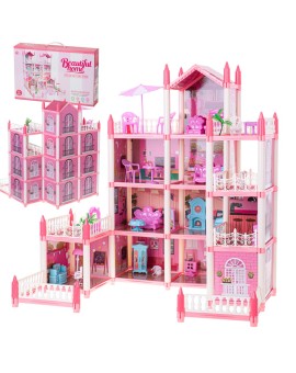 Domek dla lalek willa różowa DIY 4 poziomy mebelki 61cm