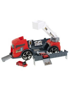 TIR laweta ciężarówka samochód transporter naczepa 2w1 parking resoraki straż pożarna 2 auta czerwone Kik Sp. z o. o. Sp. k. | T